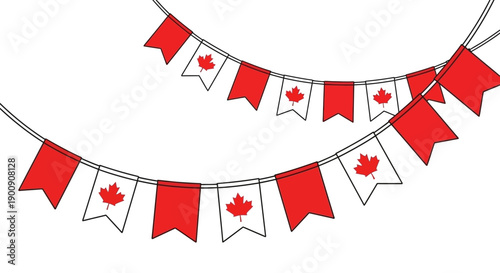 Two strings of red and white Canadian flag bunting flags, a festive decoration.