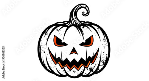 A spooky, carved Halloween pumpkin with a menacing face and glowing orange eyes, perfect for the holiday season.