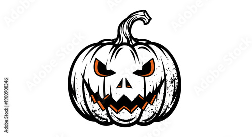 A spooky carved pumpkin with glowing orange eyes and a jagged mouth, perfect for Halloween decorations.