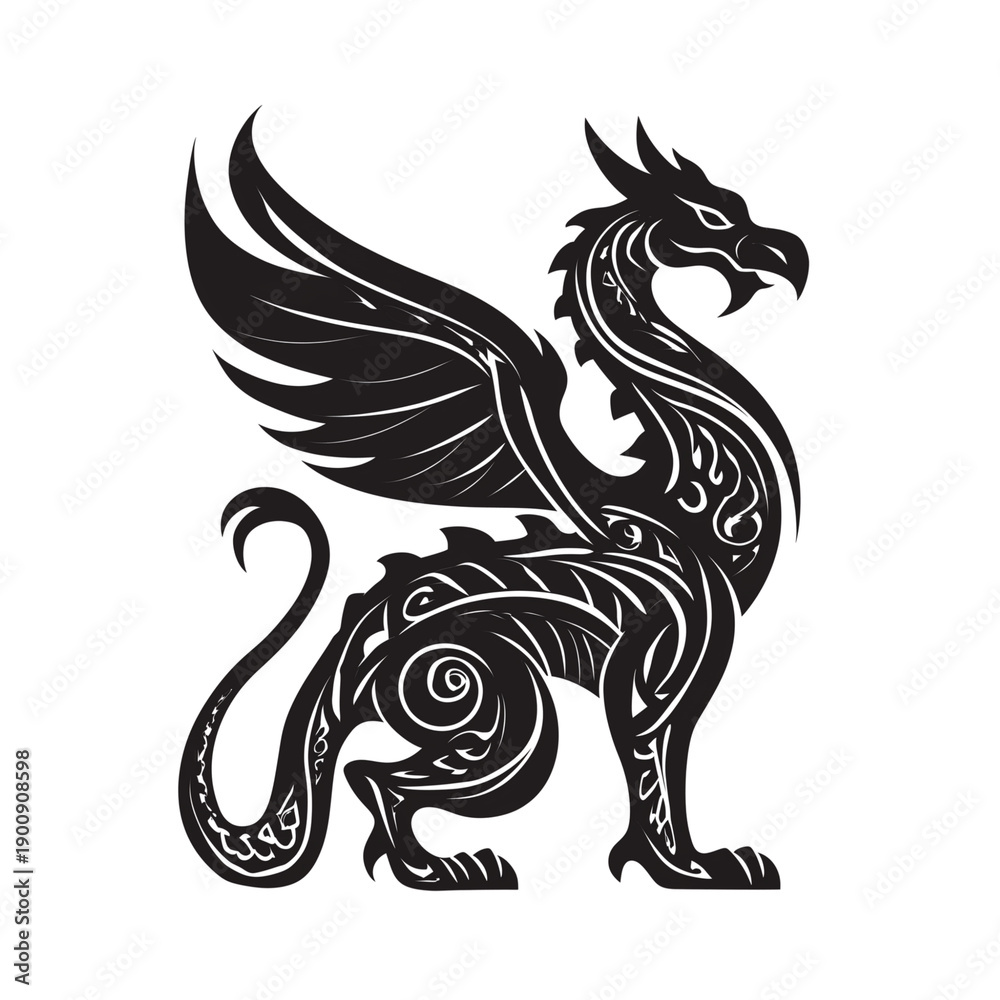 Fototapeta premium Detailed dark grey mythical griffin creature with wings and lion body isolated on transparent background