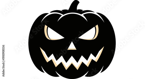 A spooky black jack-o'-lantern with glowing white eyes and a jagged mouth, perfect for Halloween decorations.