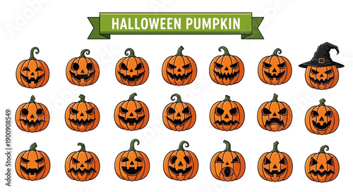 A collection of carved Halloween pumpkins with various spooky and funny faces, including one wearing a witch's hat.