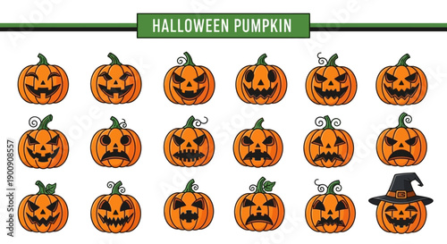 A collection of 16 unique Halloween pumpkin faces carved with various expressions, including a witch hat on one pumpkin.