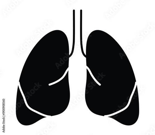 Human lungs black icon isolated on transparency grid background, respiratory system symbol, breathing organ, vector illustration