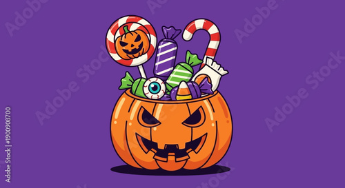 A Halloween pumpkin bucket overflowing with assorted candies and lollipops, set against a purple background.