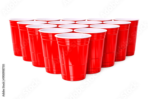 Front view of stacked red plastic party cups, isolated on a transparent background.