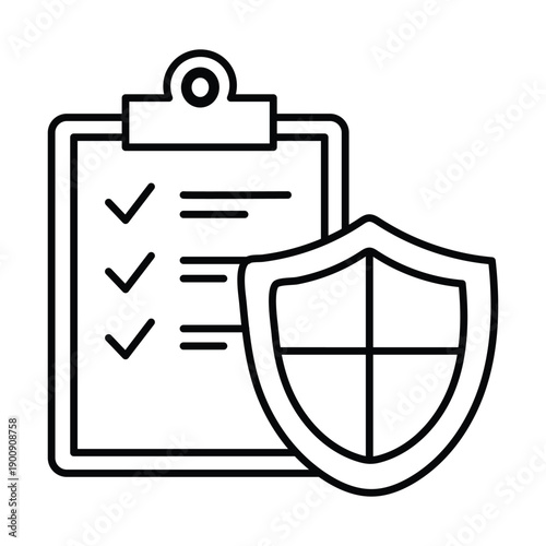 Document and shield line icon, outline vector sign, linear style pictogram isolated on transparent background, protection symbol, logo illustration