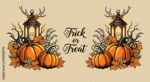 A festive Halloween illustration featuring pumpkins, lanterns, and autumn leaves with the text "Trick or Treat".