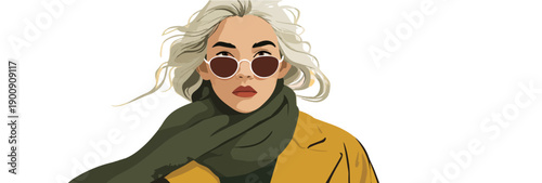 Illustration d'une femme stylée aux cheveux blonds, portant un manteau jaune et une écharpe verte, lunettes de soleil.