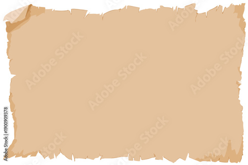 Vieux parchemin brun avec bords déchirés et coins enroulés, isolé sur fond blanc transparent