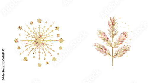 Flocons de neige dorés et branche de sapin stylisée sur fond transparent, design festif et élégant.