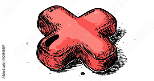 Symbole rouge en forme de croix, dessiné à la main, isolé sur fond blanc, concept de rejet ou d'erreur.