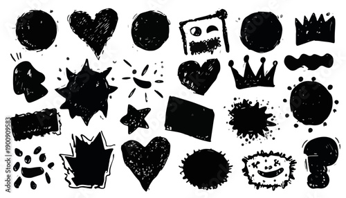 Ensemble d'icônes et d'éléments graphiques noirs dessinés à la main sur fond transparent