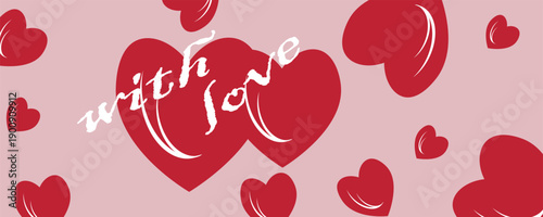 Creative concept for a Happy Valentine's Day greeting card. Modern abstract art background with hand-drawn red hearts pattern on pink. Vector illustration.