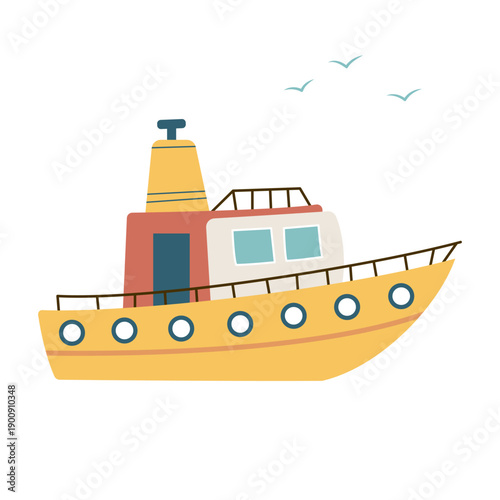 Cute cartoon tugboat vector illustration. Colorful flat style boat on sea, kids transport clipart, small ship icon isolated, marine transportation illustration for children design.