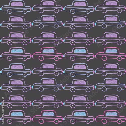 Seamless pattern of hand-drawn vintage cars in pastel neon colors on a dark background, suitable for kids designs, textiles, and playful automotive themes.