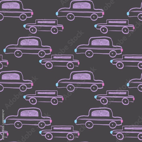 Seamless pattern of hand-drawn vintage cars in pastel neon colors on a dark background, suitable for kids designs, textiles, and playful automotive themes.