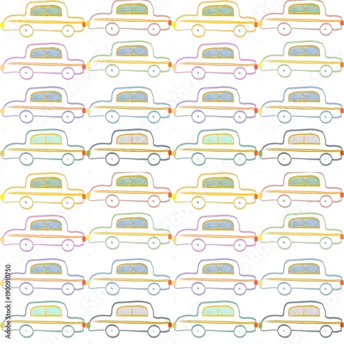 Seamless pattern of hand-drawn vintage cars in pastel green colors on a white background, suitable for kids designs, textiles, and playful automotive themes.