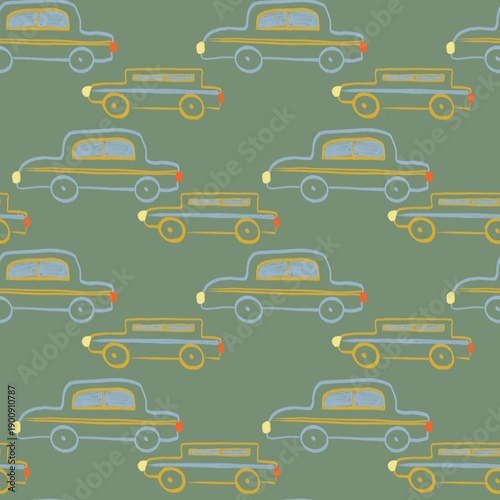 Seamless pattern of hand-drawn vintage cars in pastel green colors on a olive background, suitable for kids designs, textiles, and playful automotive themes.