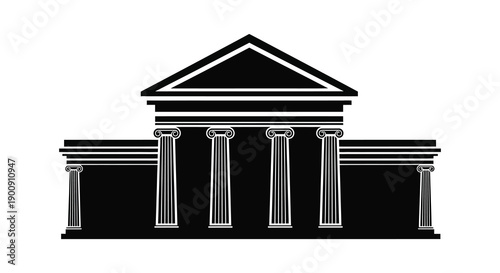 A striking black and white illustration depicts a classical building facade with prominent columns and a triangular pediment