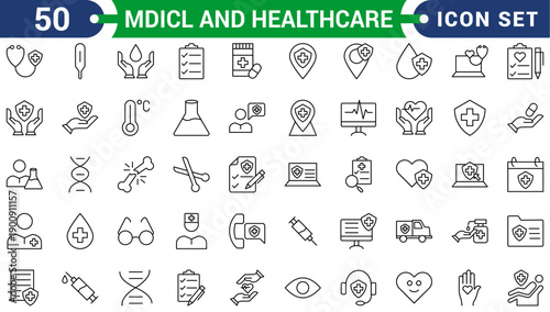 Medicine and healthcare set of web icons in line style. Medical icons for web and mobile app. Medicine and Health Care symbols. Emergency, medical equipment, RX, MRI, doctor, lab, virus, prescription