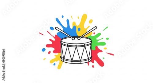 Colorful Drum Illustration with Paint Splatters and Drumsticks Isolated on White