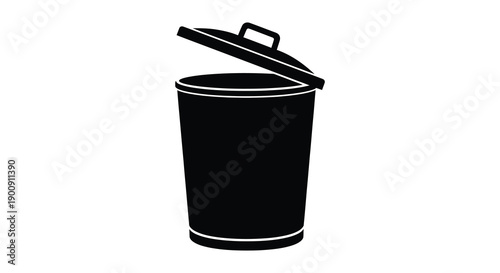 A simple black and white illustration depicts an open trash can signifying waste disposal or recycling high quality professional detailed