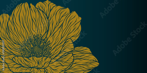 Abstract background with hand drawn floral elements. Elegant golden peony floral line art. Vector design templates for postcard, poster, business card, flyer, magazine, banner, wedding invitation.