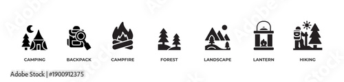Wilderness Adventure Icons  Icons set vector illustration glyph with Camping, Backpack, Campfire, Forest, Landscape, Lantern, Hiking