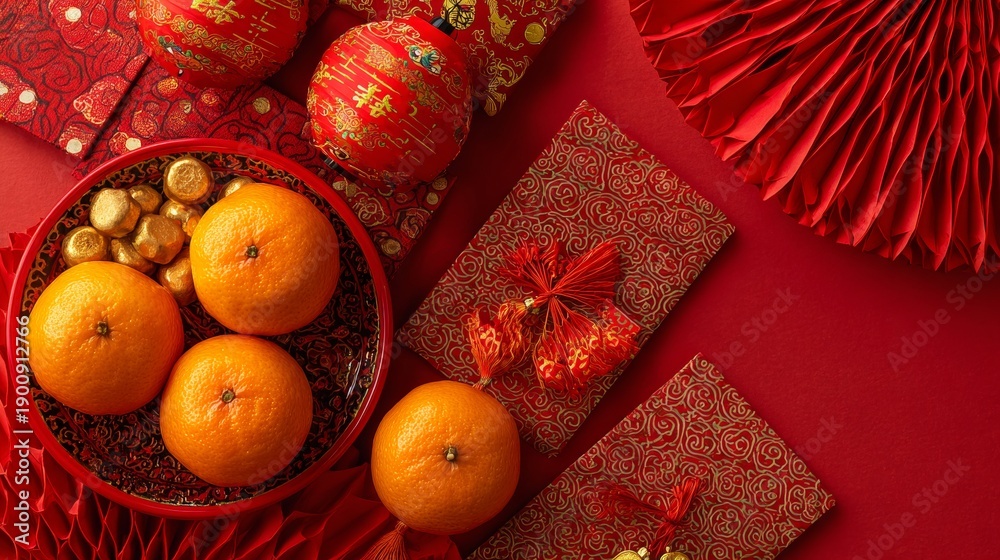 Fototapeta premium Vibrant Chinese New Year Celebration with Oranges and Decorations