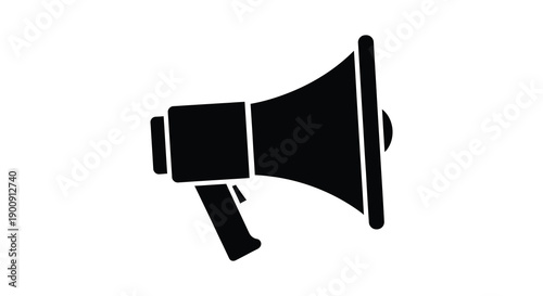 A stark black silhouette depicts a classic megaphone symbolizing communication announcement or public address high quality professional detailed