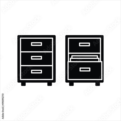 Black and white illustration of two filing cabinets one closed and one open