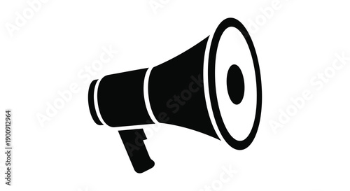 A simple black and white illustration depicts a vintage megaphone commonly used for amplification of voice high quality