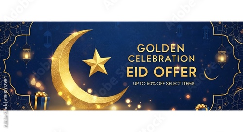 Celebratory eid offer banner with golden crescent moon and star