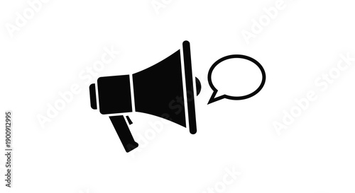 A simple black and white icon depicts a megaphone next to a speech bubble suggesting communication high quality