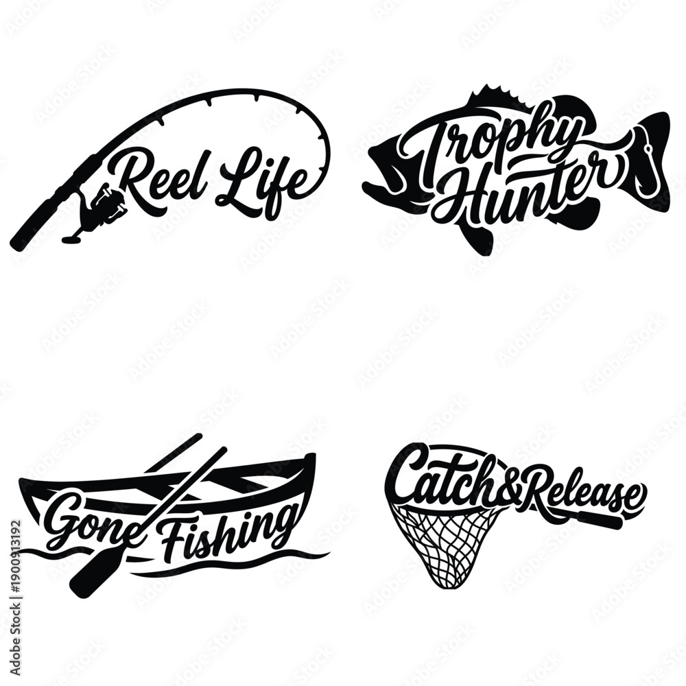 Obraz premium Fishing logo set with reel life, trophy hunter, gone fishing and catch and release badges