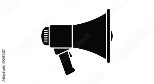 A simple black silhouette depicts a vintage megaphone commonly used for public address and announcements high quality professional