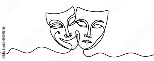 Theater masks of comedy and tragedy in one line art style. Concept of drama, acting, and arts drawn with one continuous black line. Vector illustration.