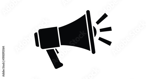 A stark black and white silhouette depicts a classic megaphone positioned diagonally suggesting communication or announcement high quality