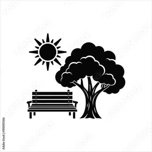 Simple black silhouette of a tree bench and sun in a park scene