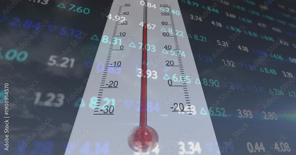 Obraz premium Showing tall thermometer with red column on scale numbers, over market data and arrows in composite