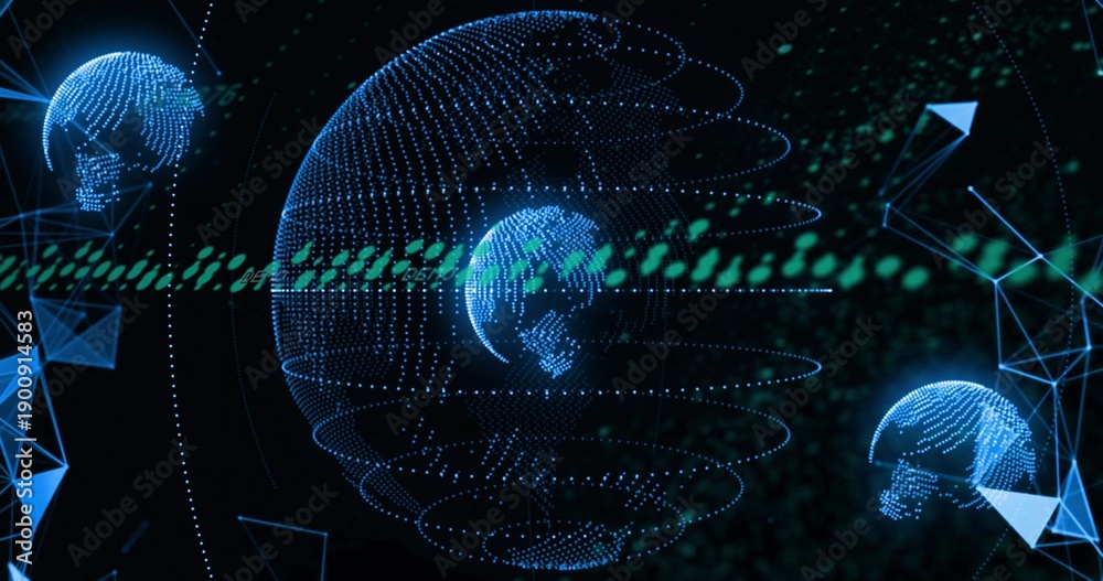 Naklejka premium Rotating central globe glowing with dotted rings, smaller globes in cyberspace, with green stream