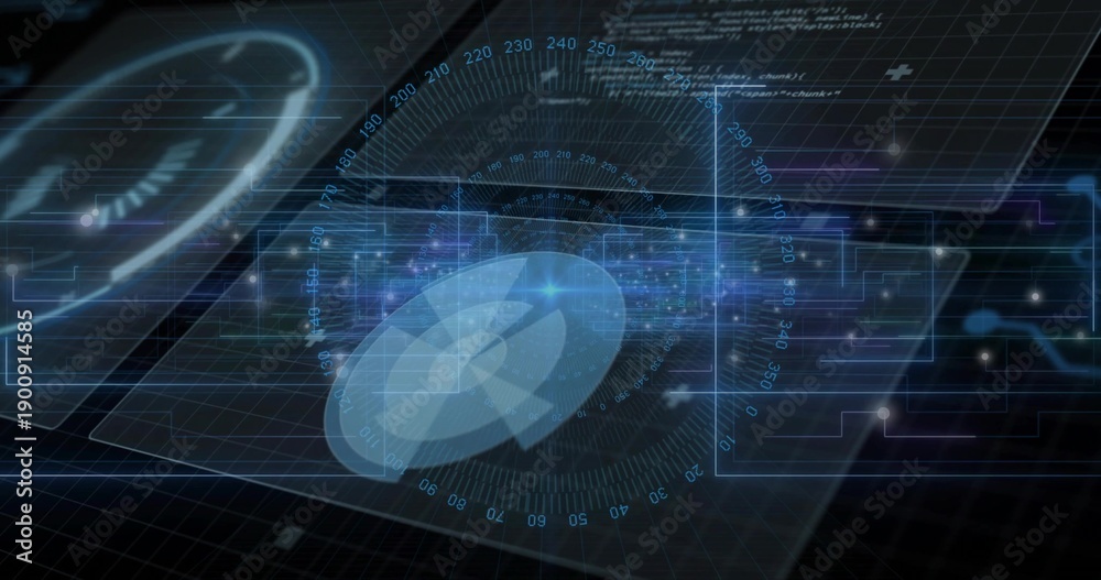 Fototapeta premium Displaying holographic radar disk rotating above grid plane, showing concentric rings and ticks