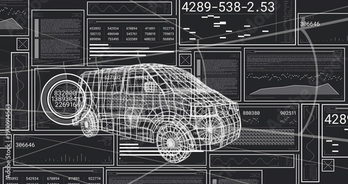 Displaying 3D wireframe car model rotating in engineering UI, with HUD and data panels