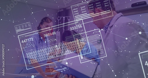 Examining medical staff in white coat and scrubs checking child on clinic bed with stethoscope, UI