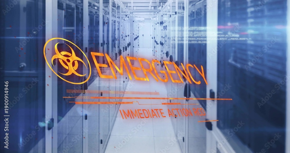 Fototapeta premium Displaying data center aisle with server cabinets, showing emergency HUD with biohazard symbol