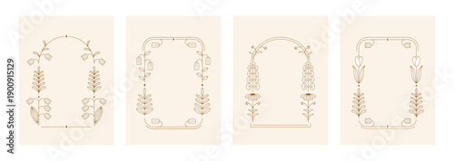 Art deco geometric floral frames. Modern minimal beautiful borders with gold icon flowers  in simple line and shapes. Elegant luxury vector backgrounds for spring design, card, invitation, banner.