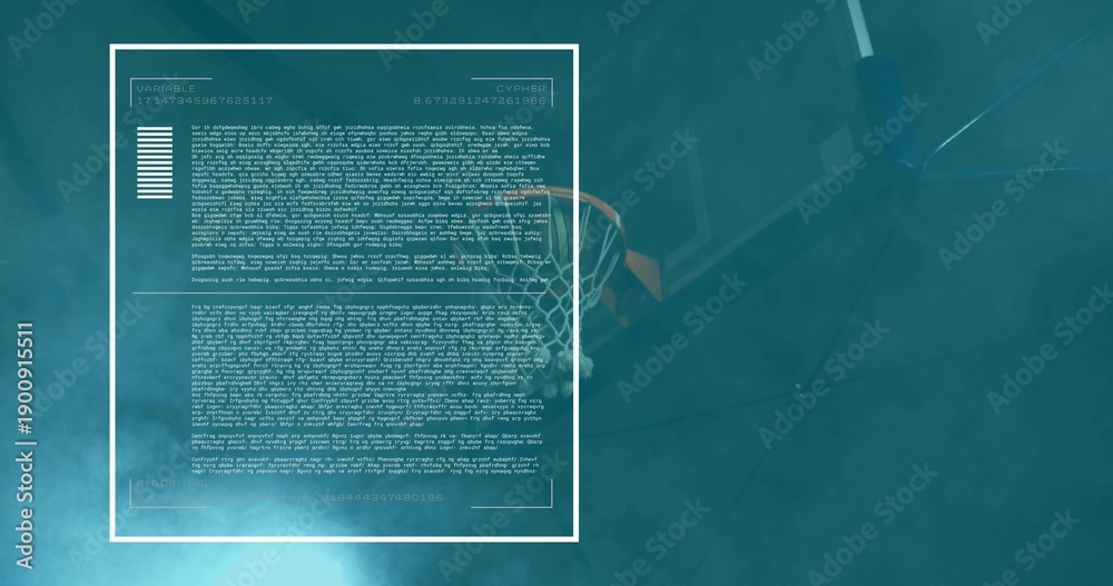 Fototapeta premium Displaying semi-transparent information panel on left of basketball court, showing HUD text and rim