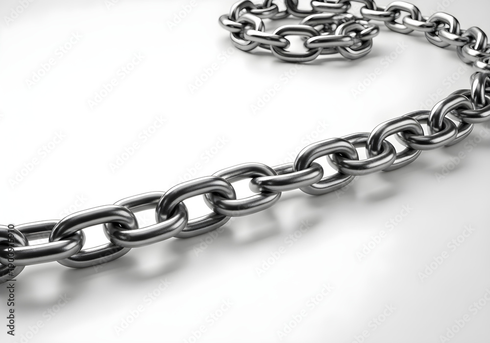 Fototapeta premium Close-up studio shot of a gleaming silver metal chain with interconnected links, showcasing its strength, security, and connection on a clean white background, symbolizing unity and robust systems