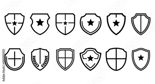 Security Shield Badge Icons with Star and Line Details